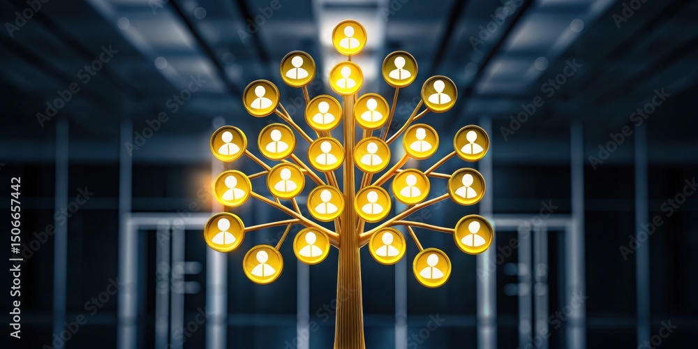 Aufkleber a glowing digital tree with icons representing people, symbolizing networking and connections in a m