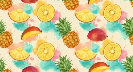 Vibrant fruit medley Watercolor pineapples mangoes kiwi slices and pops of colorful paint splashes