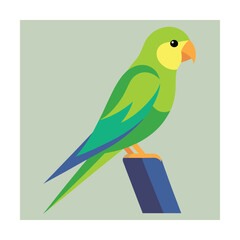 Colorful cartoon parrot perched on a blue branch with green feathers and yellow beak