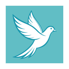 Obraz premium Vector illustration of a white dove in flight on a light blue square background
