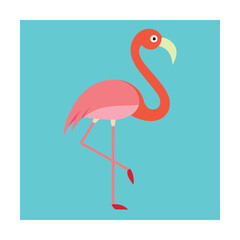 Simple flat design illustration of a pink flamingo bird on a light blue background