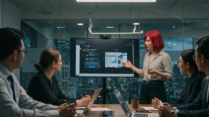 Business Presentation: A charismatic businesswoman leads a diverse team meeting, presenting insightful data on a large screen in a modern, glass-walled office overlooking a vibrant cityscape at night. - Powered by Adobe