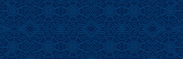 Banner, cover design. Geometric ethnic floral 3D pattern on blue background. Relief ornaments, arabesques, mandala, fresco, painting of the East, Asia, India, Mexico, Aztec, Peru.