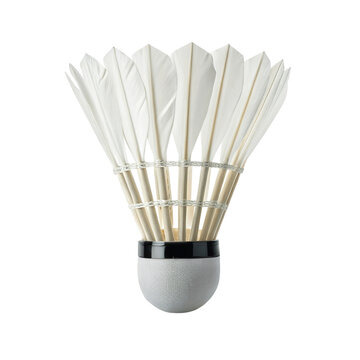 A close up shot of a white shuttlecock with feathers against a plain black studio background image