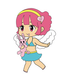 ピンク髪の天使の女の子とぬいぐるみ・かわいいアニメ風キャラクター