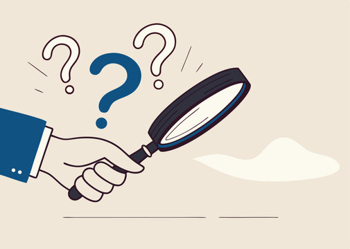 Businessman looking through magnifying glass searching. Thinking of who what where when why and how. 5w1h asking questions for solution to solve problem, business analysis to new idea. 