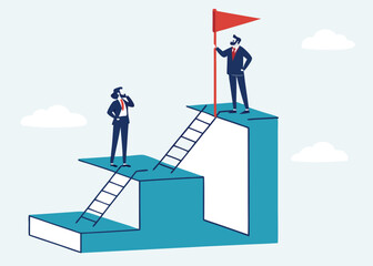 Business concept a ladder Corporate of success. Business people employee climb ladder to next level. Flat vector illustration © RABBI