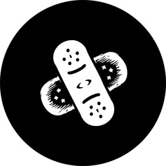 Stylized graphic of crossed adhesive bandages on a solid black circle background