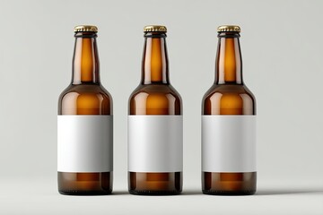 Three amber glass bottles with blank white labels