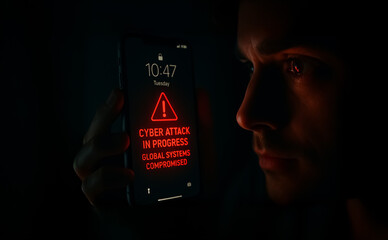 Close-up of a man in the dark, lit by a smartphone showing 'CYBER ATTACK IN PROGRESS – GLOBAL SYSTEMS COMPROMISED', reflecting urgency.