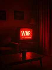 An old-style TV emits a red warning screen with 'WAR!' and 'National Emergency Broadcast' text, creating a tense, cinematic atmosphere.
