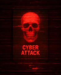 Red digital skull with the words 'Cyber Attack' over glitchy dark background, symbolizing malware or data attack warning in a dystopian aesthetic.