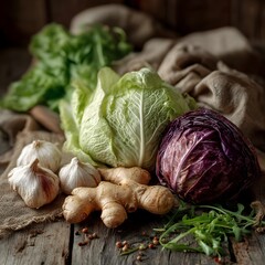 Fototapeta premium Fresh assortment of vegetables including garlic, ginger, and cabbages on a rustic wooden table