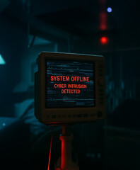 Medical monitor in dim emergency room shows red warning 'System Offline – Cyber Intrusion Detected', suggesting critical digital security breach in healthcare environment.