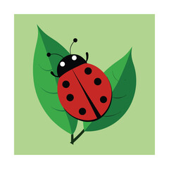 Fototapeta premium Simple illustration of a cartoon ladybug sitting on two green leaves with nature background