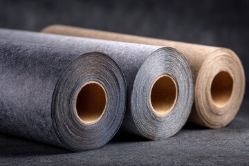Three rolls of textured, construction material.  Various shades of gray and beige