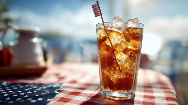 Iced beverage with flag garnish summer drink footage