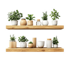 Peaceful collection of plants in artistic pots adorn wooden shelves a on transparent background
