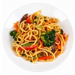 Stir-fried udon noodles with vegetables isolated on white background with full depth of field for Asian cuisine or healthy food concept
