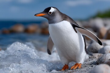 Fototapeta premium Close-up of a Gentoo Penguin on a Rocky Shore