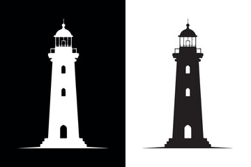 Lighthouse Silhouette Vector Illustration On Black and  White Background