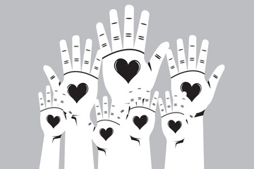  hands raised up. The concept of friendship, peace, equality, racial diversity, inclusivity. Teamwork concept. Vector clipart.