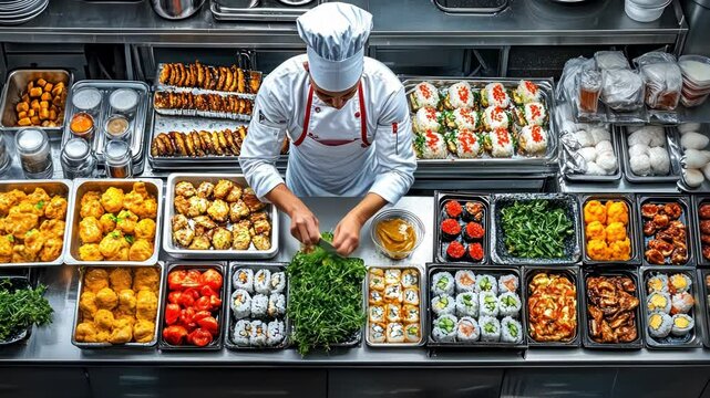 Overhead view of a chef preparing diverse dishes, including sushi and other Asian-inspired cuisine, in a professional kitchen setting