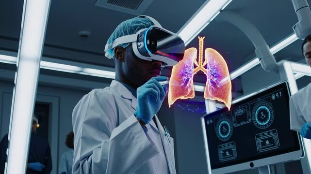 Doctor uses virtual headset for medical research. Holographic lungs interact with hand tool. Virtual health exploration. Medical future with data. Technology enhances doctor science and diagnosis