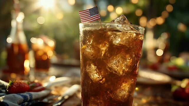 Iced beverage with ice cubes and fruit summer party setting
