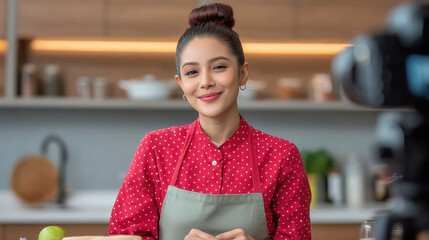 young beautiful indian model female chef shouting jovially while frying on electric stove with audience on the set in front of indonesian female audience, with camera behind them