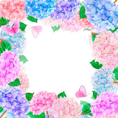 Floral square frame with watercolor drawn blue, pink and purple hydrangea flowers, with leaves and pink butterflies isolated on a white background.