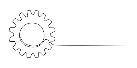 Gears one line drawing. One continuous line illustration of gears wheels. Two moving cog gear. Vector illustration, Gear Continuous Line Icon, Gears in one continuous line drawing. Continuous single.