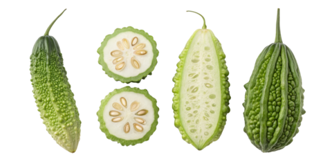 Bitter Melon Composition Whole, Halved and Sliced, Isolated on Transparent Background, Gourd, Vegetable, Bitter Melon, Healthy Food, Asian Cuisine