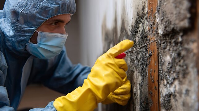 Analyzing Mold Growth on Wall with Protective Gear