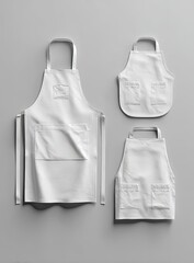 Three white aprons of varying sizes, ideal for different uses