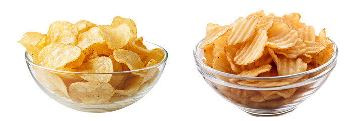 Set of a bowl of potato chips, isolated on transparent background. 