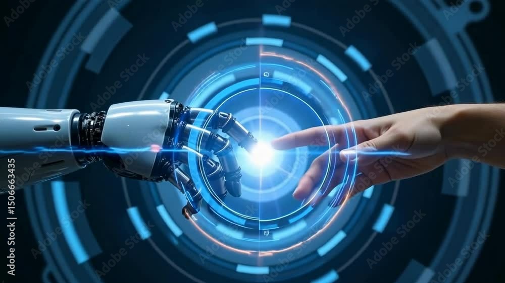 Poster the image depicts a robotic hand and a human hand reaching towards each other, surrounded by glowing