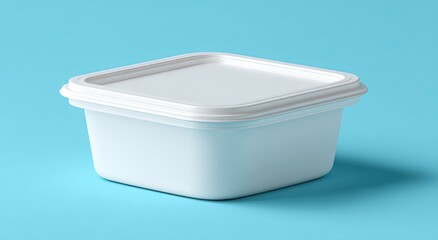 Square food container with a lid.  A simple, white plastic container, perfect for storing or transporting food.  The lid fits snugly on top