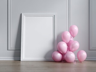 Empty frame with pink balloons in a refined room