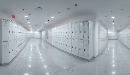 Empty white locker room hallway