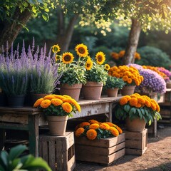 Rustic Outdoor Flower Market with Vibrant Potted Plants, Wooden Tables, and Lush Greenery in Soft Natural Light