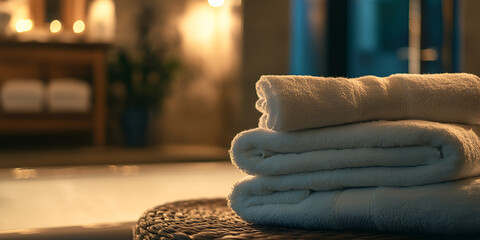 Stack of soft spa towels in tranquil wellness room, Relaxing spa atmosphere with towels, Serene spa interior detail

