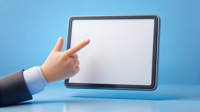3d Hand holding ipad or tablet pc. Touching screen with finger.