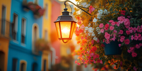 Vintage street lamp with blooming hanging flowers, Charming urban floral decoration, Evening street scene with lantern and flowers

