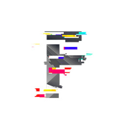 Glitch Art Style Letter F. Digital art. Error and bug typography.
