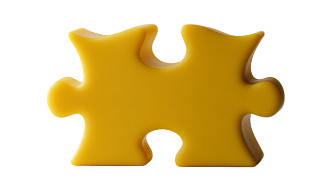 Single yellow puzzle piece isolated on studio shot bright golden color jigsaw part solution concept teamwork symbol graphic on transparent background
