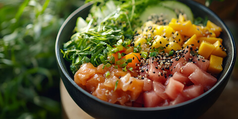 Fresh poke bowl with tuna and mango, Healthy colorful poke salad, Delicious Hawaiian seafood bowl

