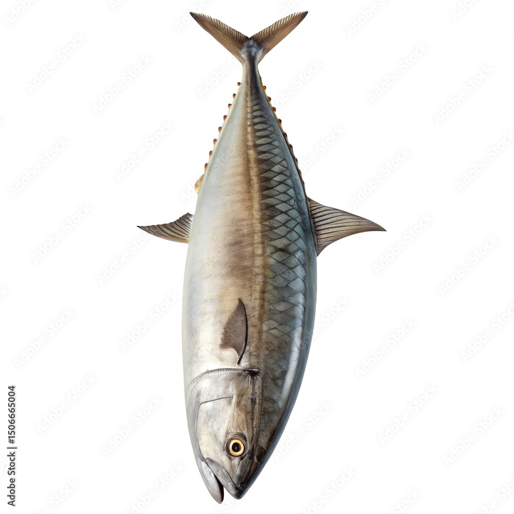 Poster large fish with silver scales and fins swimming downwards on a transparent background, creating a st