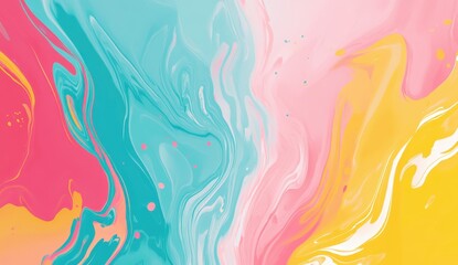 Fototapeta premium Abstract fluid art featuring swirling pastel hues of pink, teal, and yellow, creating a dynamic, visually appealing composition with subtle speckles
