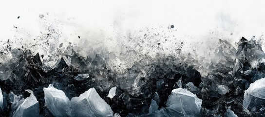 A chaotic scene of dark, jagged rocks and icy shards, with debris flying amidst a cloudy, white background